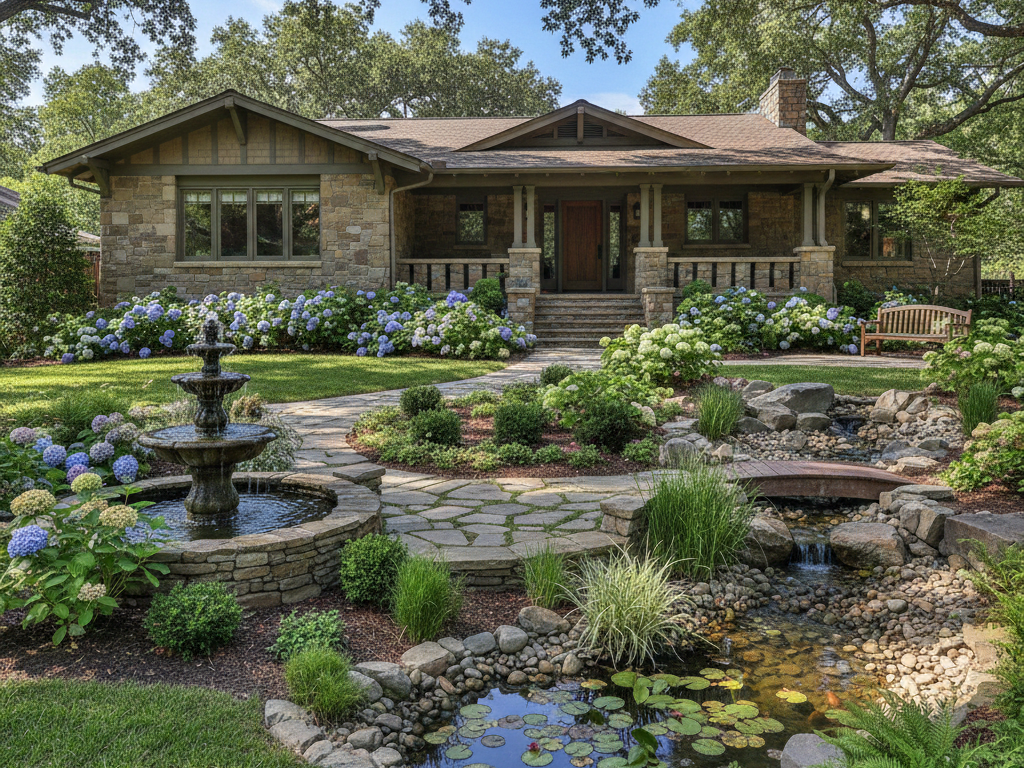 Newly installed landscape design with layered plantings
