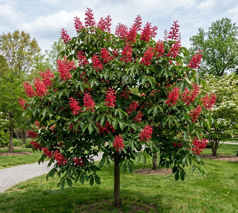Red Buckeye tree in bloom