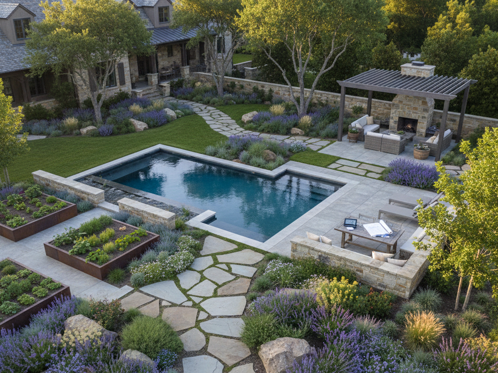 Estate-scale landscape with formal plantings and lawn