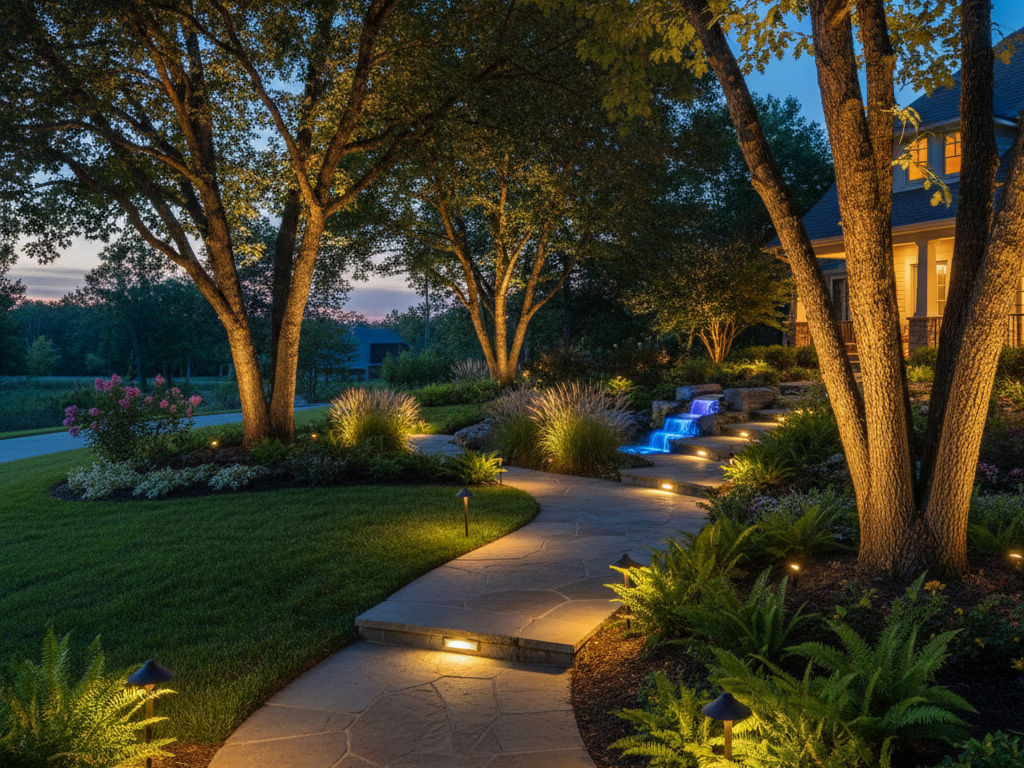 Landscape lighting illuminating plantings and a pathway at dusk